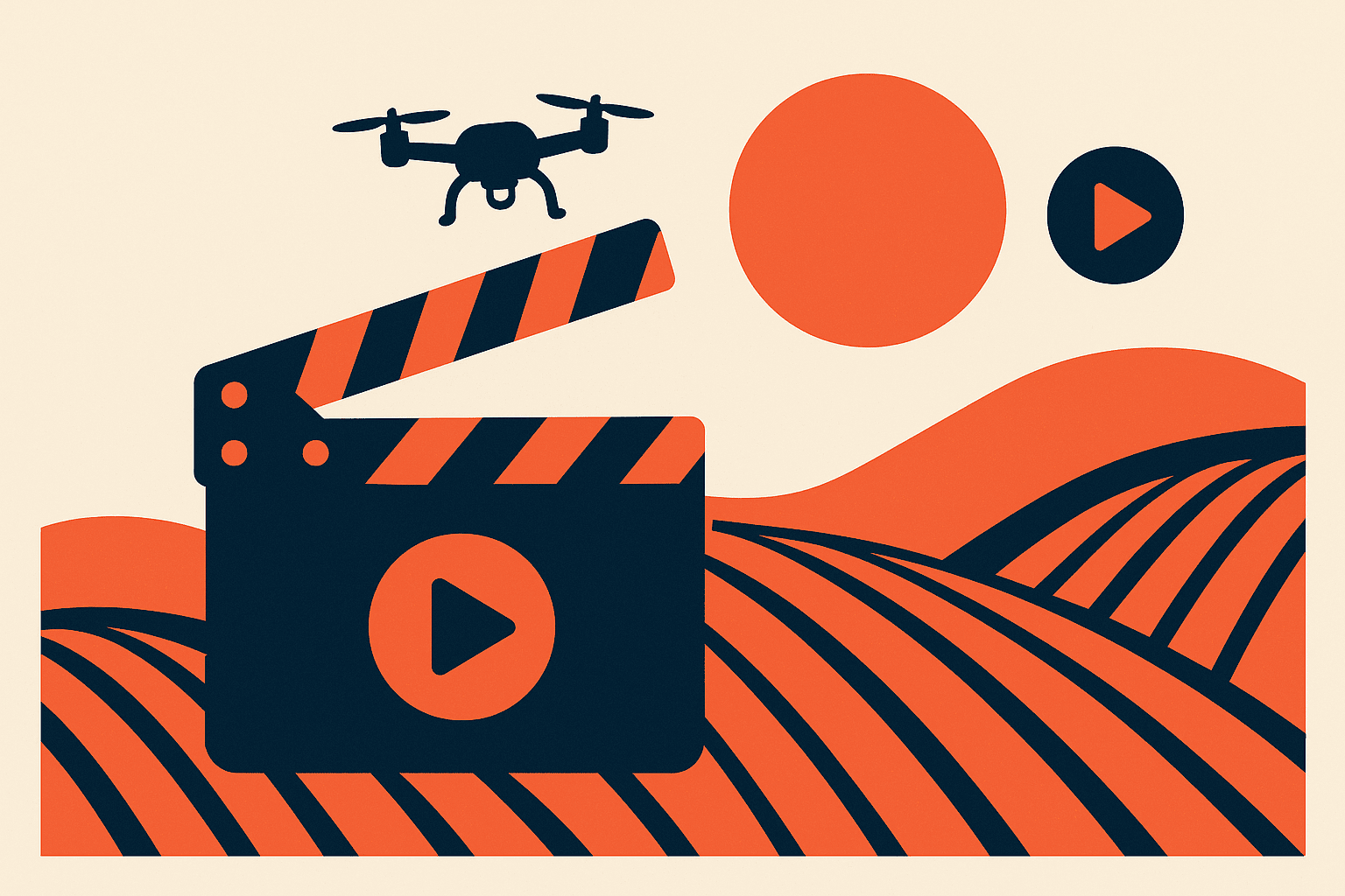 Illustration of AI video generation: clapperboard, drone and landscape