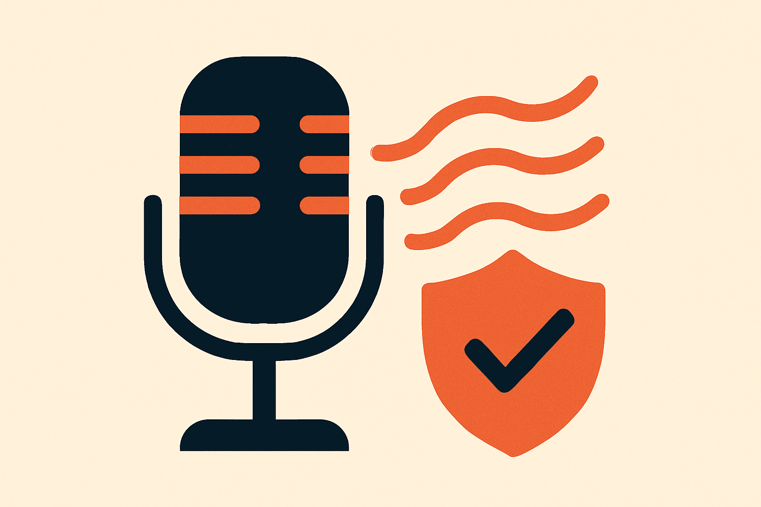 Microphone with sound waves and a shield with a checkmark, symbolizing the permission needed to clone a voice