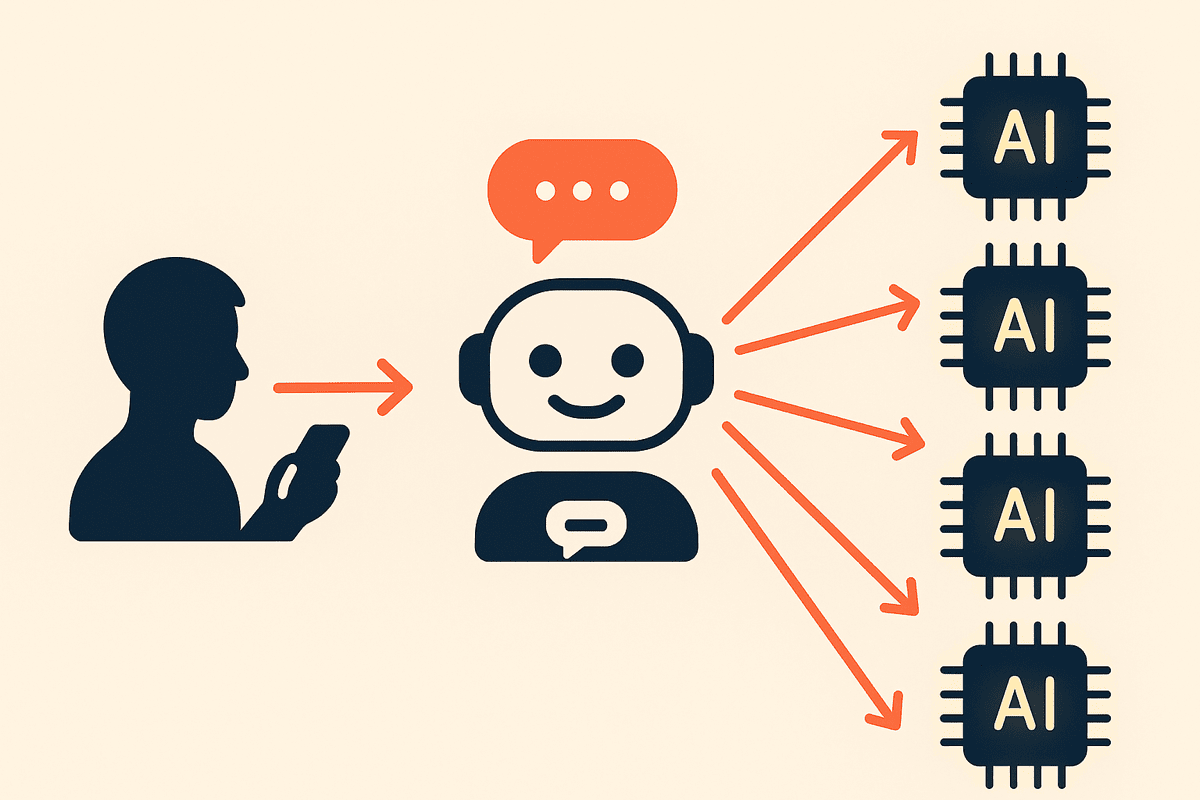 Diagram: a command from the user reaches the hablo agent and turns into many requests to different AI models