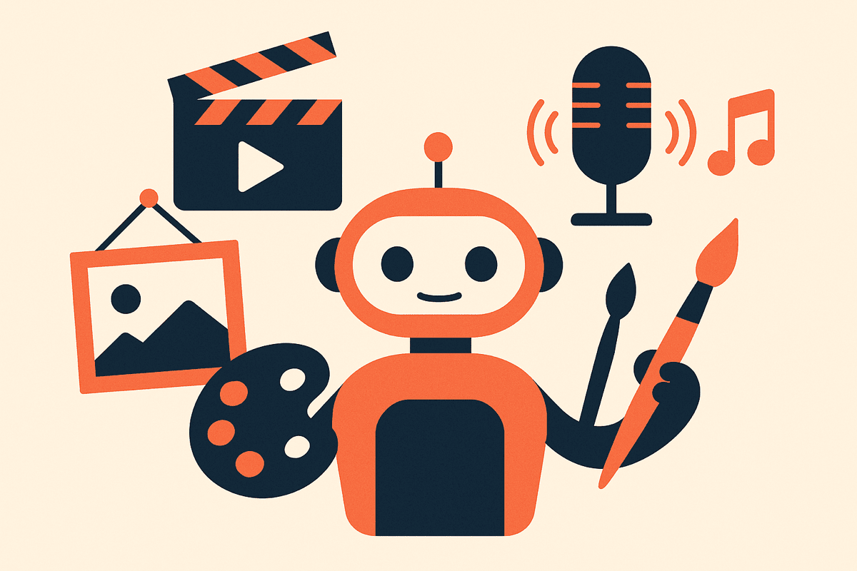 Illustration of an AI agent generating images, video, voice and audio