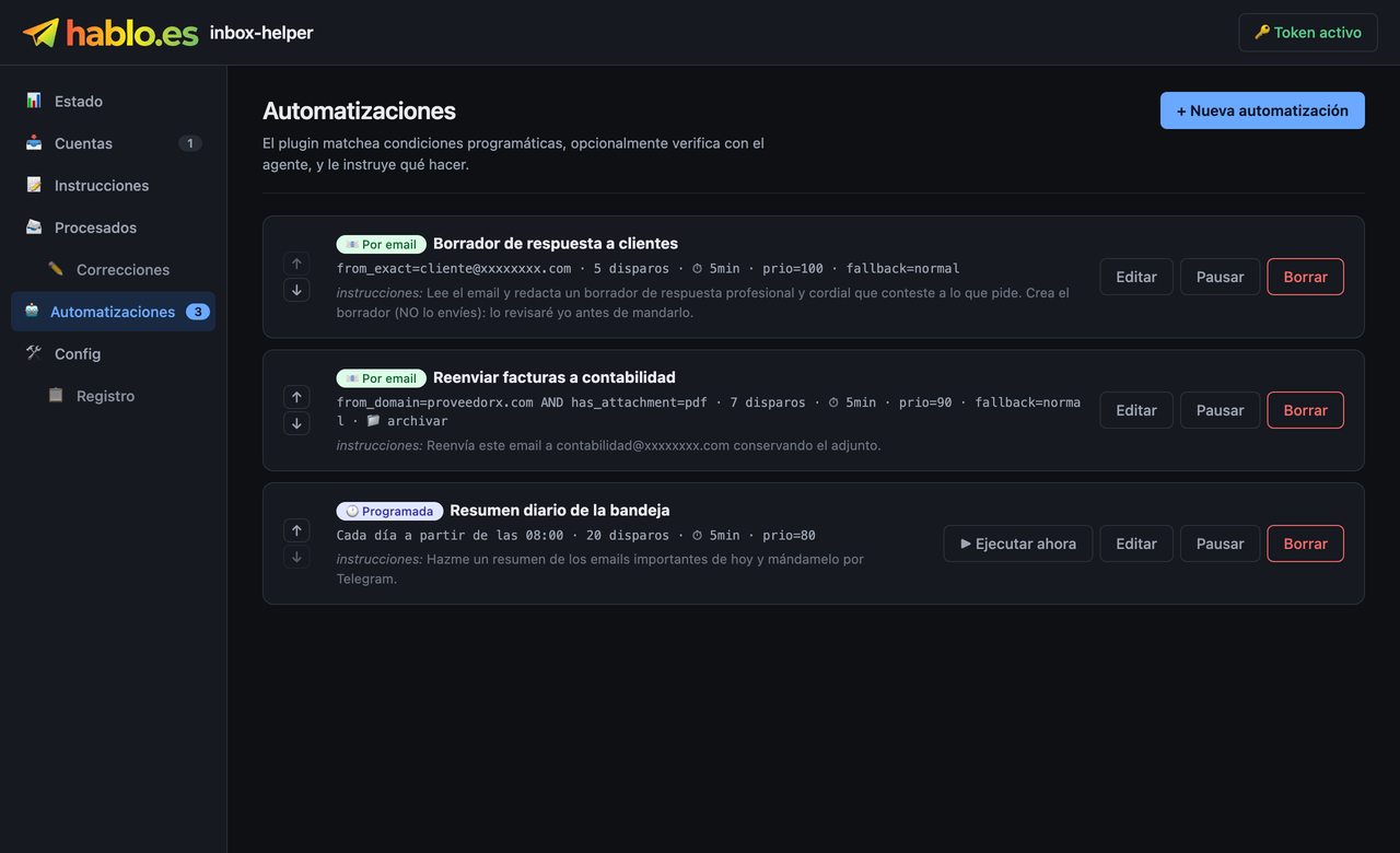 «Automations» tab — each rule with its conditions, instructions and priority. Reorder them with the ↑↓ arrows.