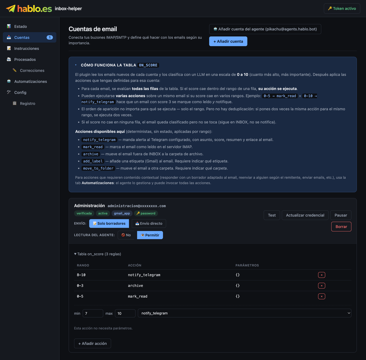 «Accounts» tab — the on_score table defines what to do by score: notify (8–10), archive (0–3), mark read (0–5).