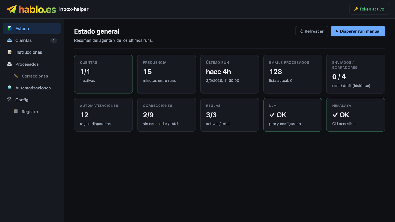 «Status» tab — agent summary: accounts, frequency, processed emails, automations…
