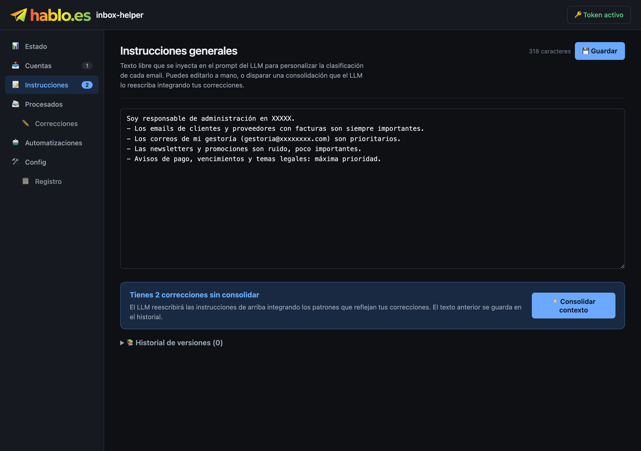 «Instructions» tab — your context in plain language. The plugin uses it to score each email from 0 to 10.