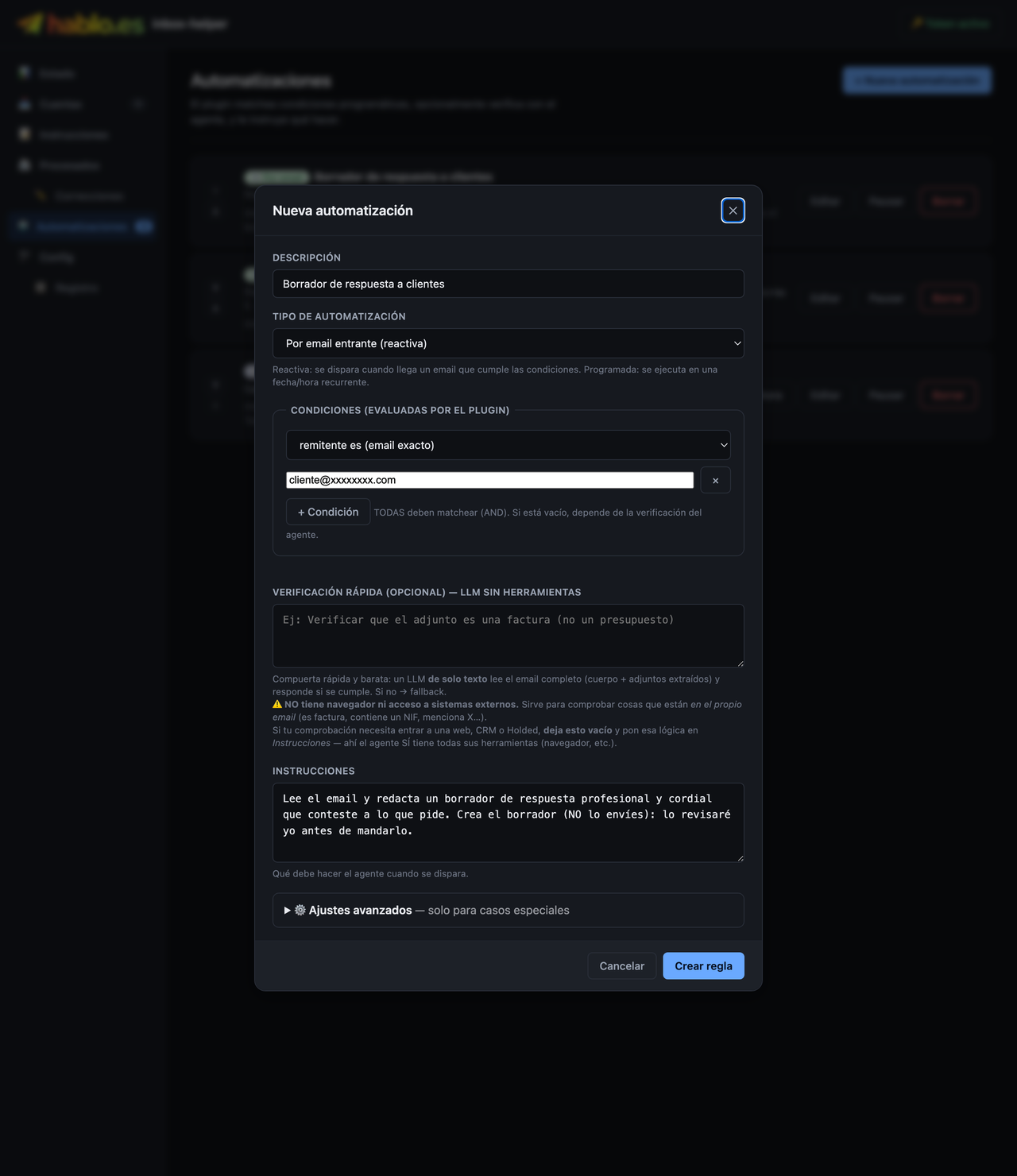 «New automation» — description, sender condition and instructions in plain language.