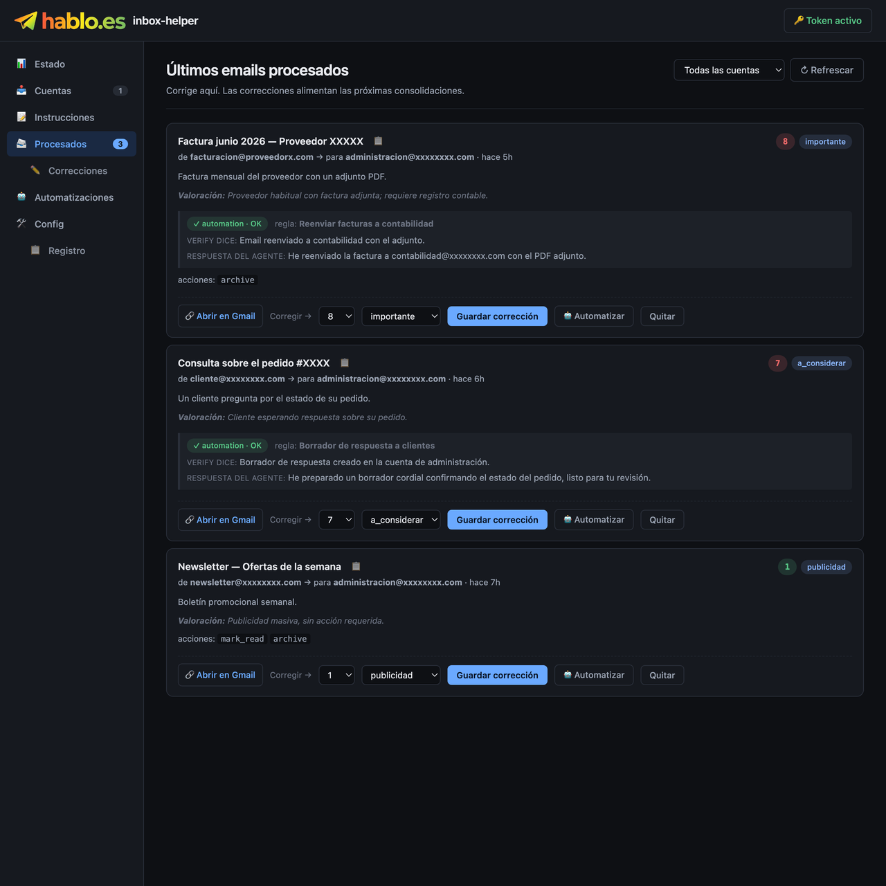 «Processed» tab — each email with its score, category and, if an automation acted, its result.